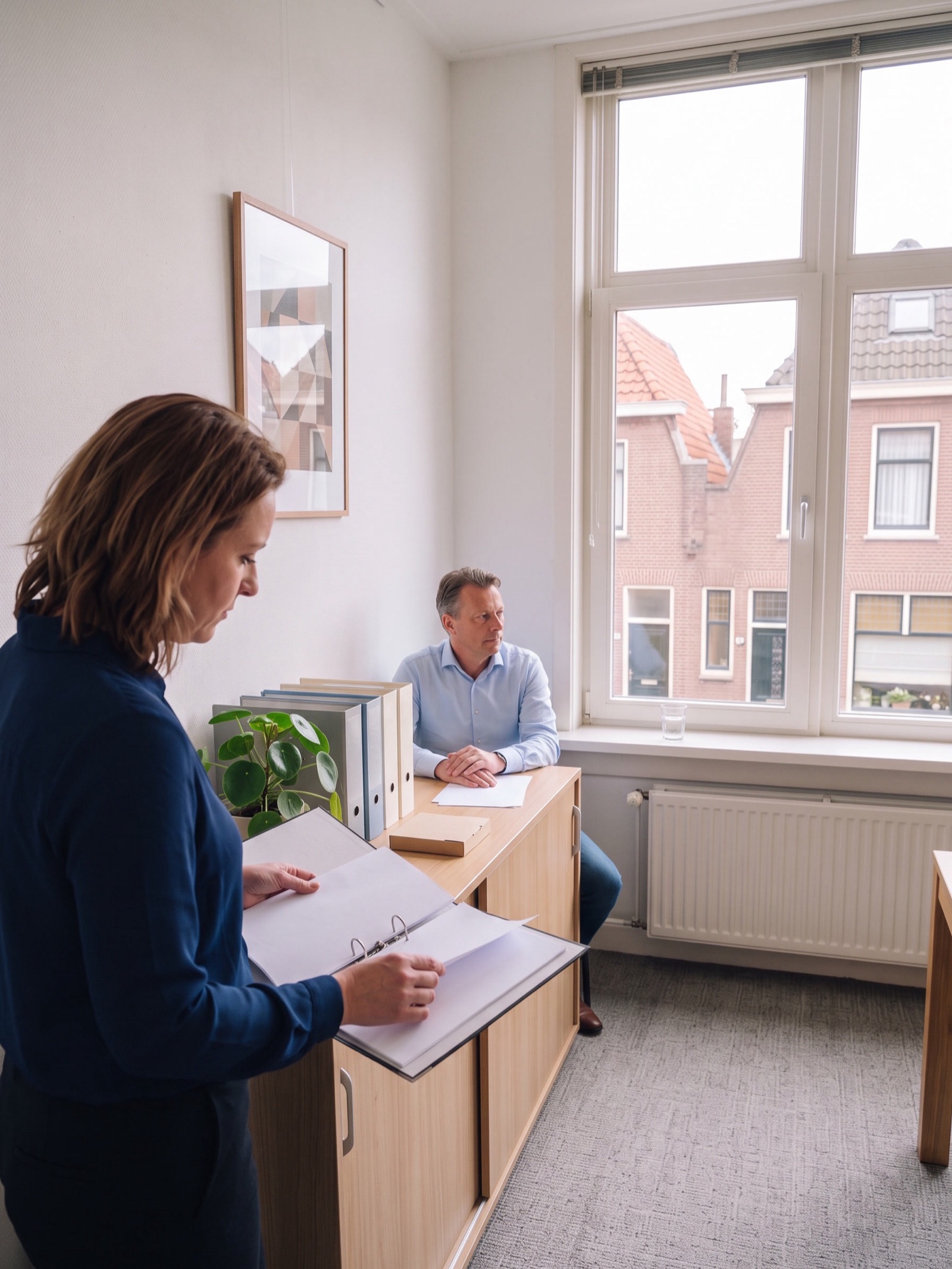 Medewerkster van een administratiekantoor bekijkt staand een ordner, een klant wacht aan de overlegtafel