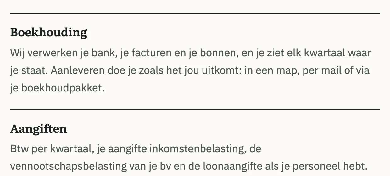 Twee diensten op de voorbeeldsite, met onder elke dienst uitleg in gewone woorden
