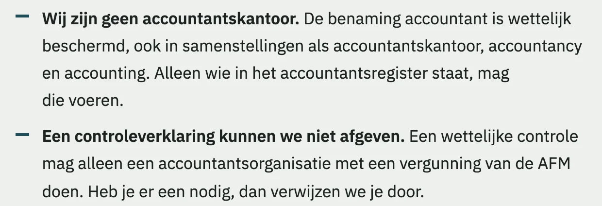 Het blok op de voorbeeldsite dat uitlegt wat het kantoor niet doet, met de reden erbij