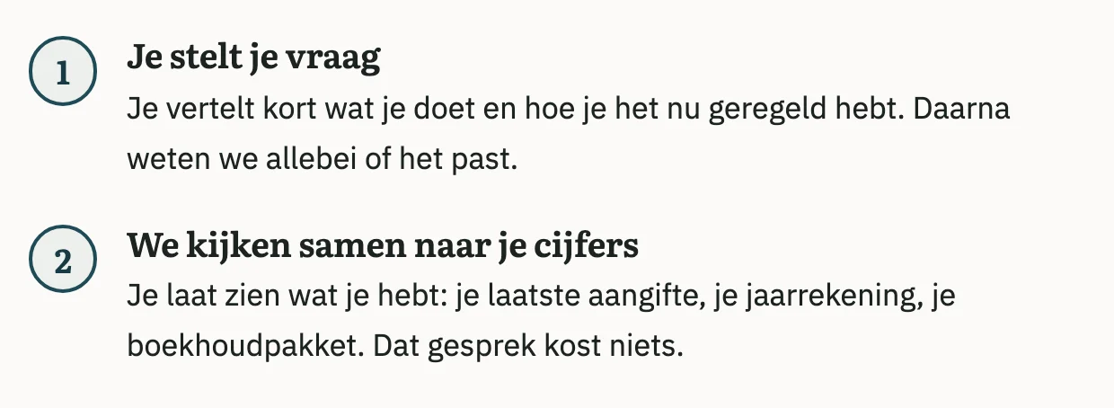 De eerste stappen van een overstap op de voorbeeldsite, genummerd onder elkaar