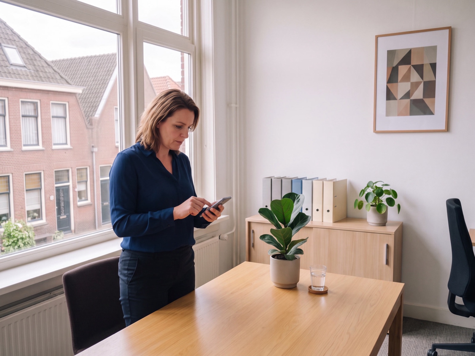 Medewerkster van het kantoor typt een bericht op haar telefoon, naast de overlegtafel
