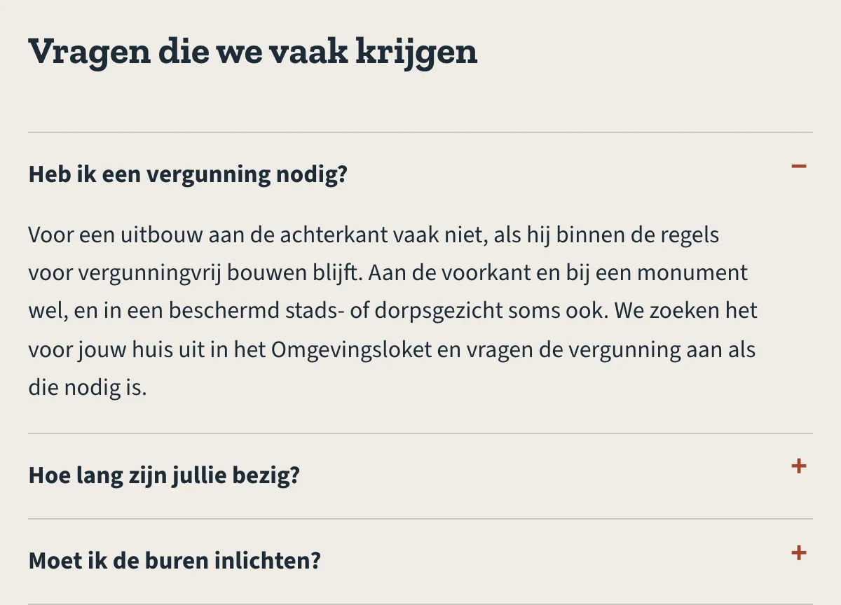 Veelgestelde vragen over een uitbouw op de voorbeeldsite, met de eerste vraag opengeklapt