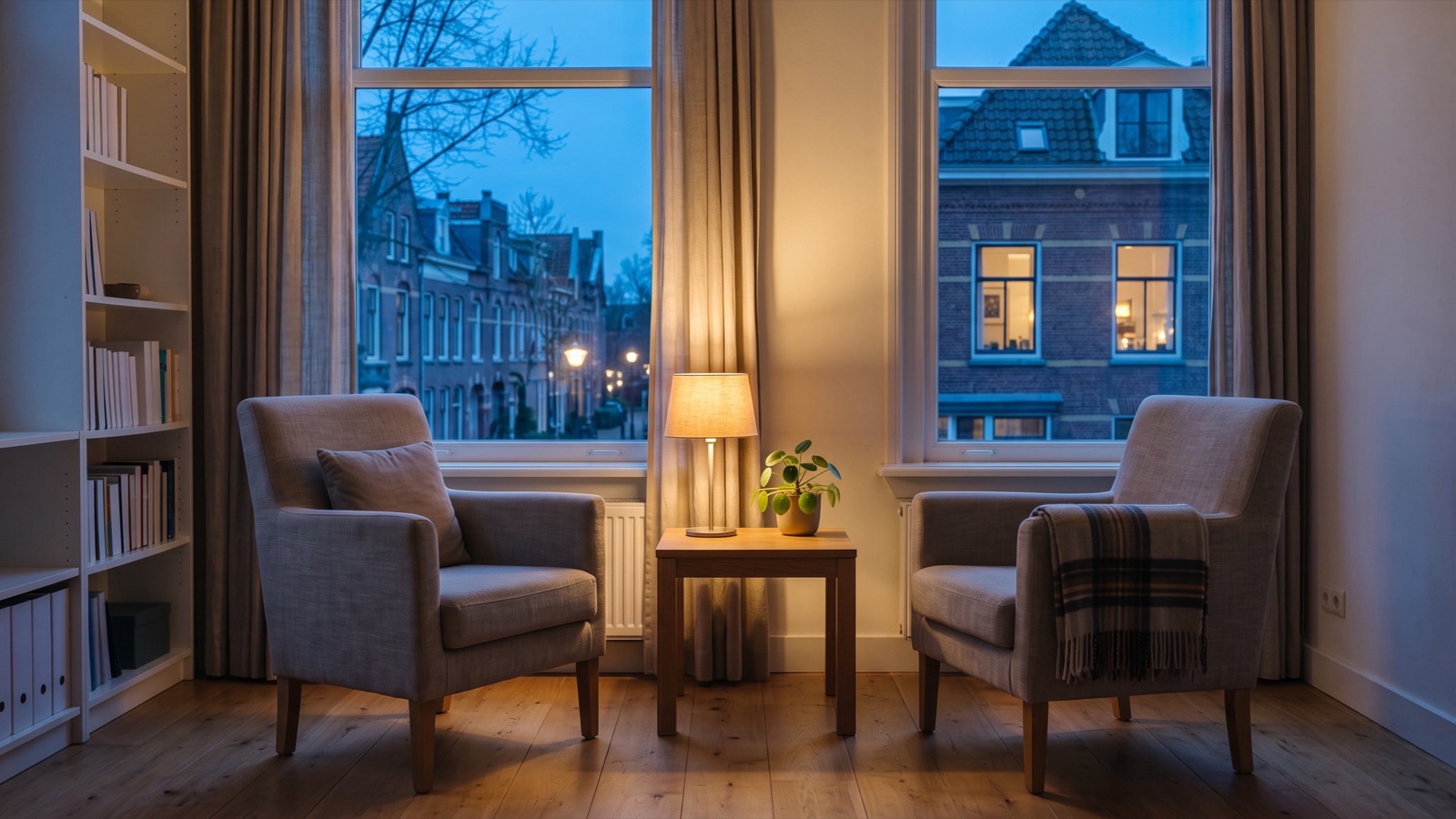 De lege praktijkruimte in de avond, met twee stoelen naar elkaar toe en warm lamplicht