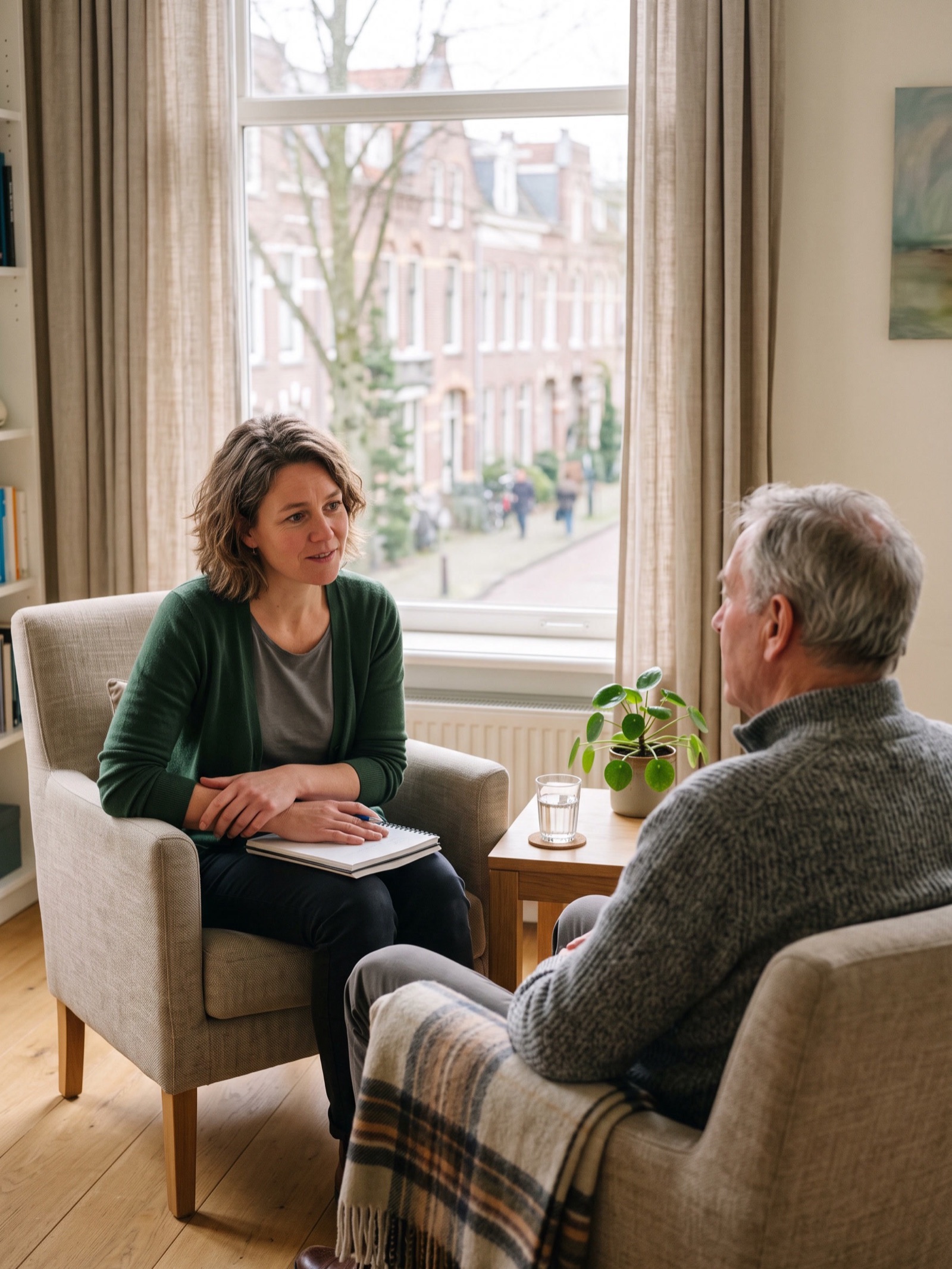 Coach luistert in een lichte praktijkruimte naar een oudere man die tegenover haar zit