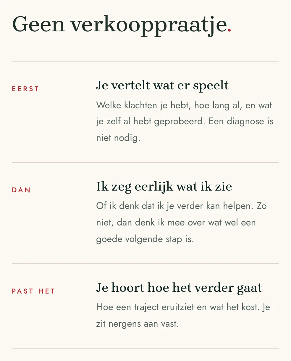 De uitleg op de contactpagina van de site van Reclaim Health, met per stap wat er in een eerste gesprek gebeurt
