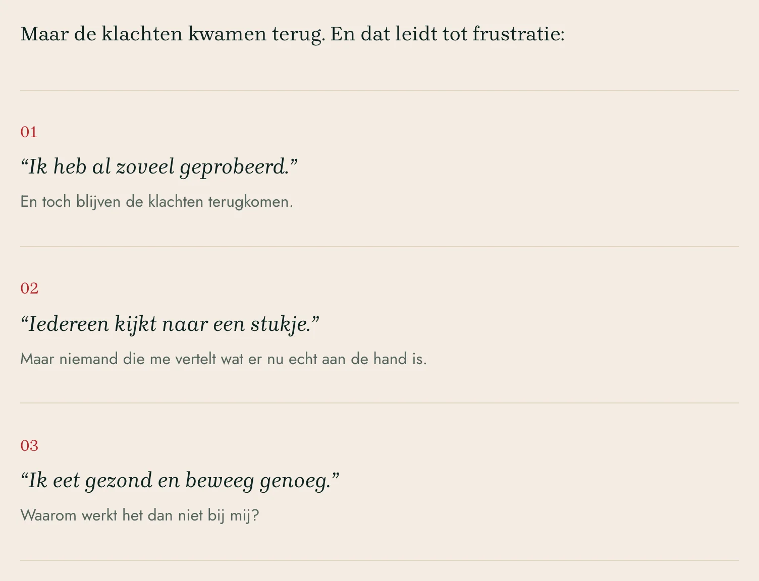 Het blok op de site van Reclaim Health met zinnen die mensen zelf zeggen, onder de regel dat de klachten terugkwamen