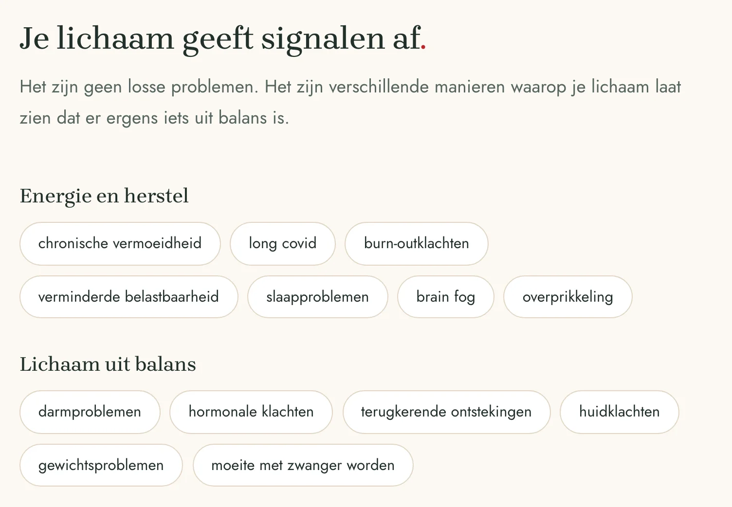 De klachten waarmee mensen bij de praktijk komen, op de site van Reclaim Health, per groep met de woorden los in vakjes