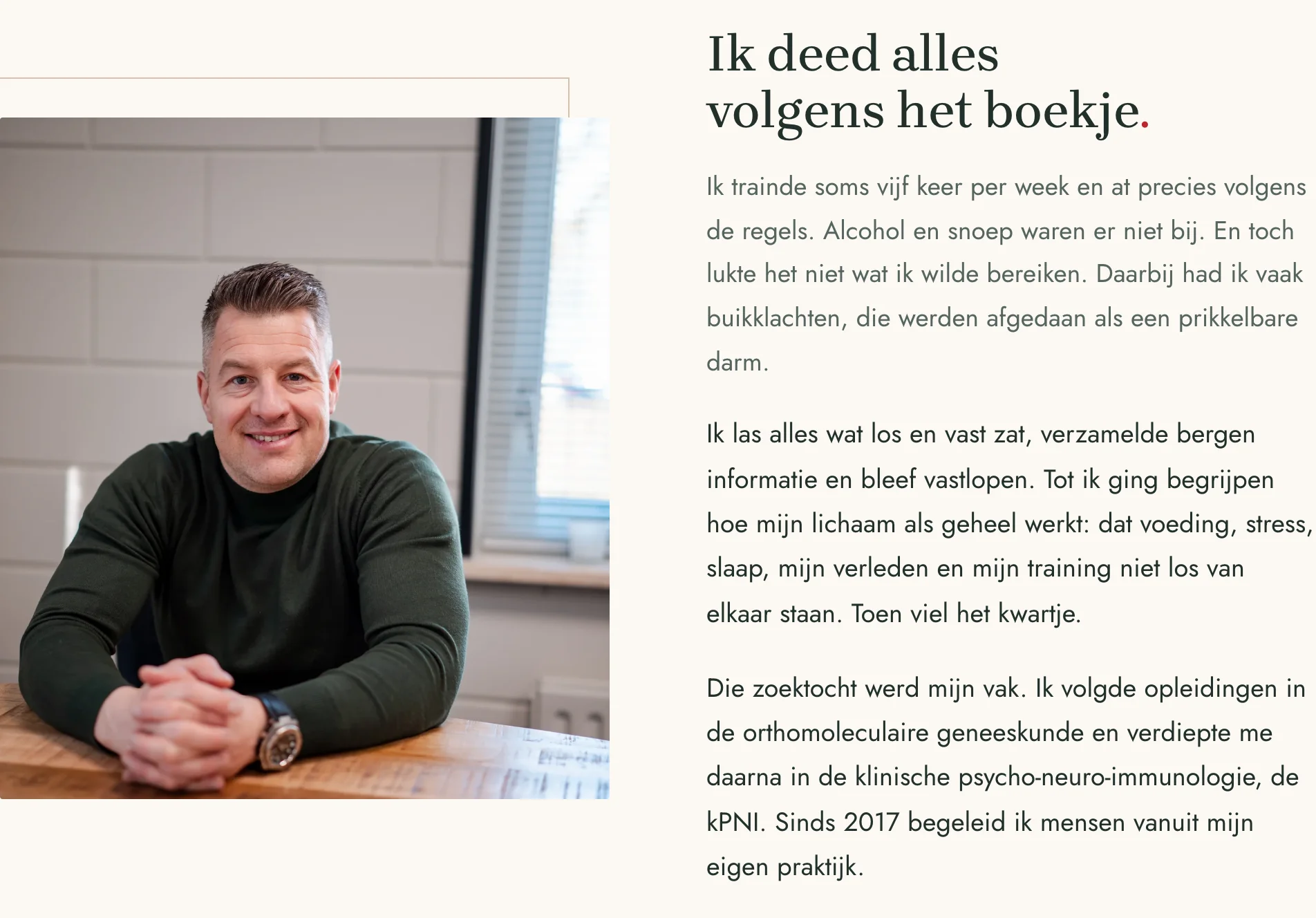 Het blok over de persoon achter de praktijk op de site van Reclaim Health, met het verhaal van de eigenaar