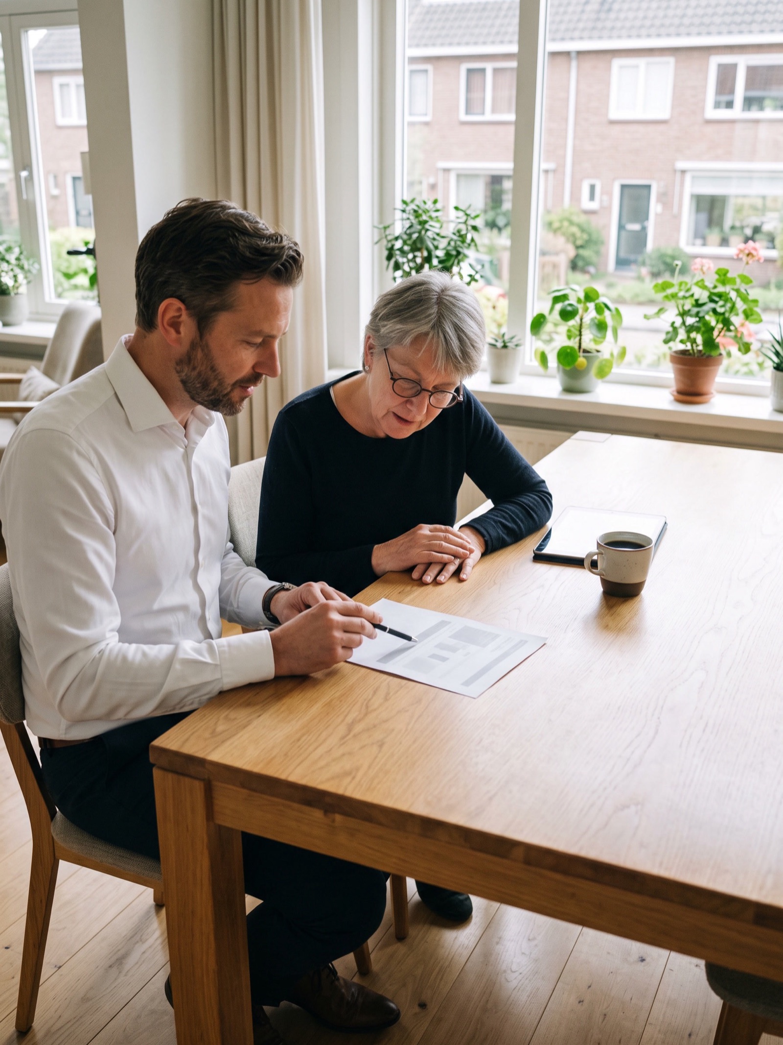 Financieel adviseur wijst aan de eettafel van een klant met een pen op een uitgeprint overzicht, de klant kijkt mee