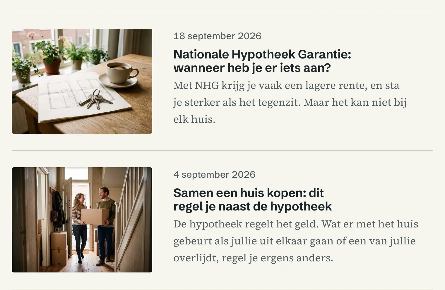 Artikelen op de pagina Actueel van de voorbeeldsite, met foto, datum en titel