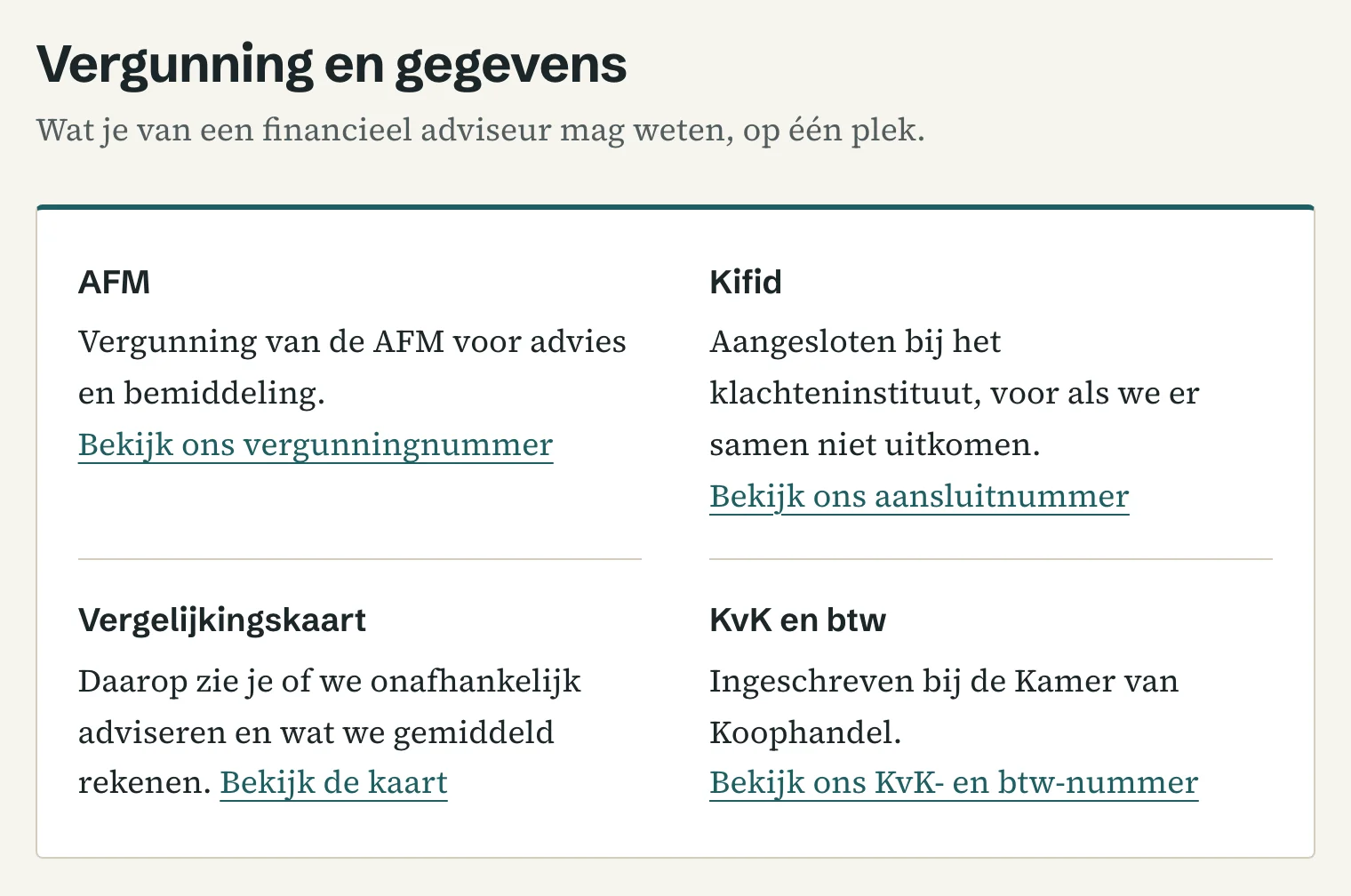 De gegevens van het kantoor op de voorbeeldsite: de AFM-vergunning, het Kifid en de vergelijkingskaart