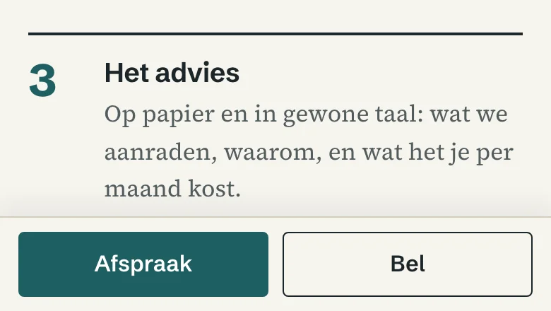 De onderste balk van de voorbeeldsite op een telefoon, met de knoppen Afspraak en Bel