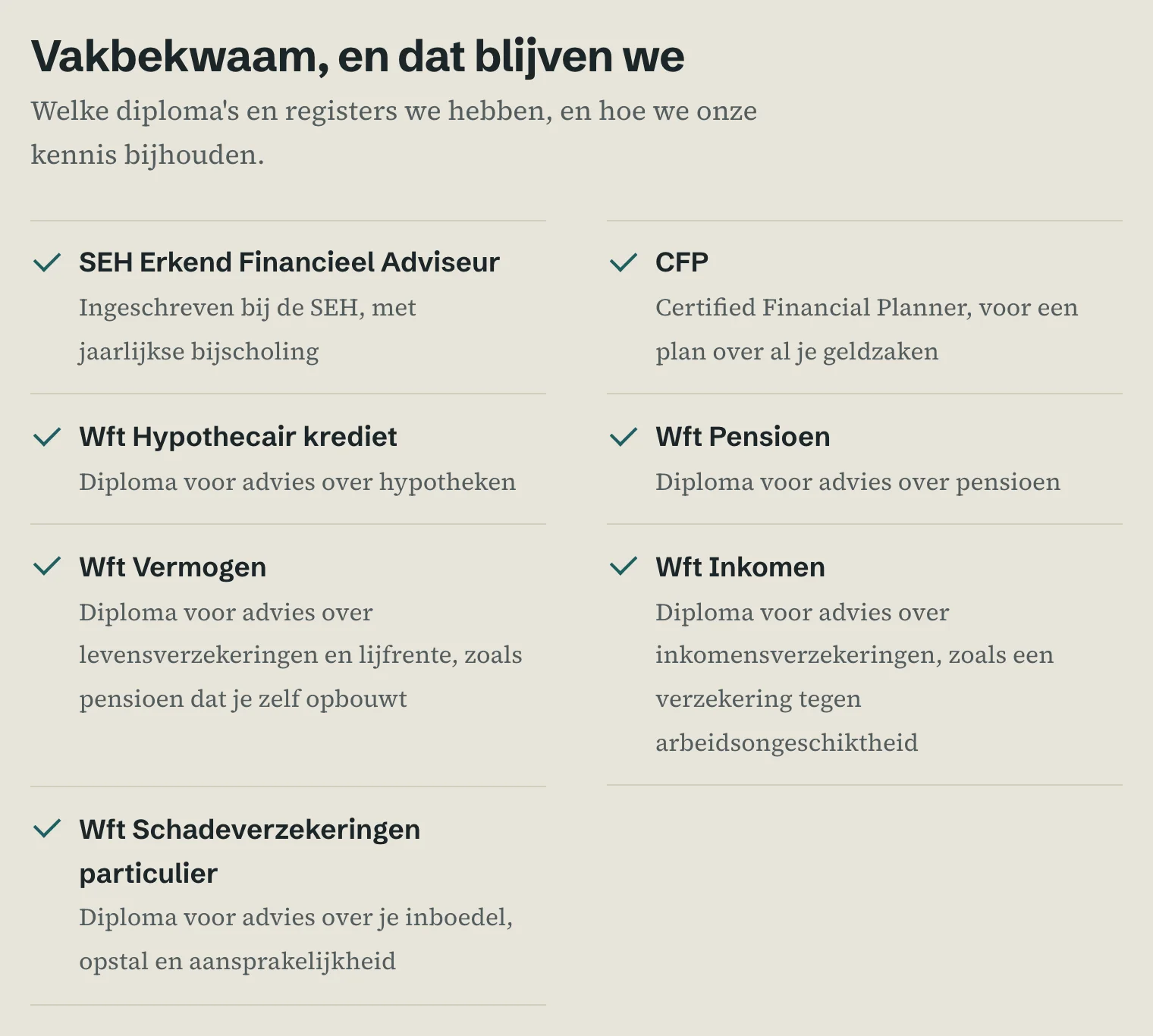 De diploma's en registers van de adviseurs op de voorbeeldsite