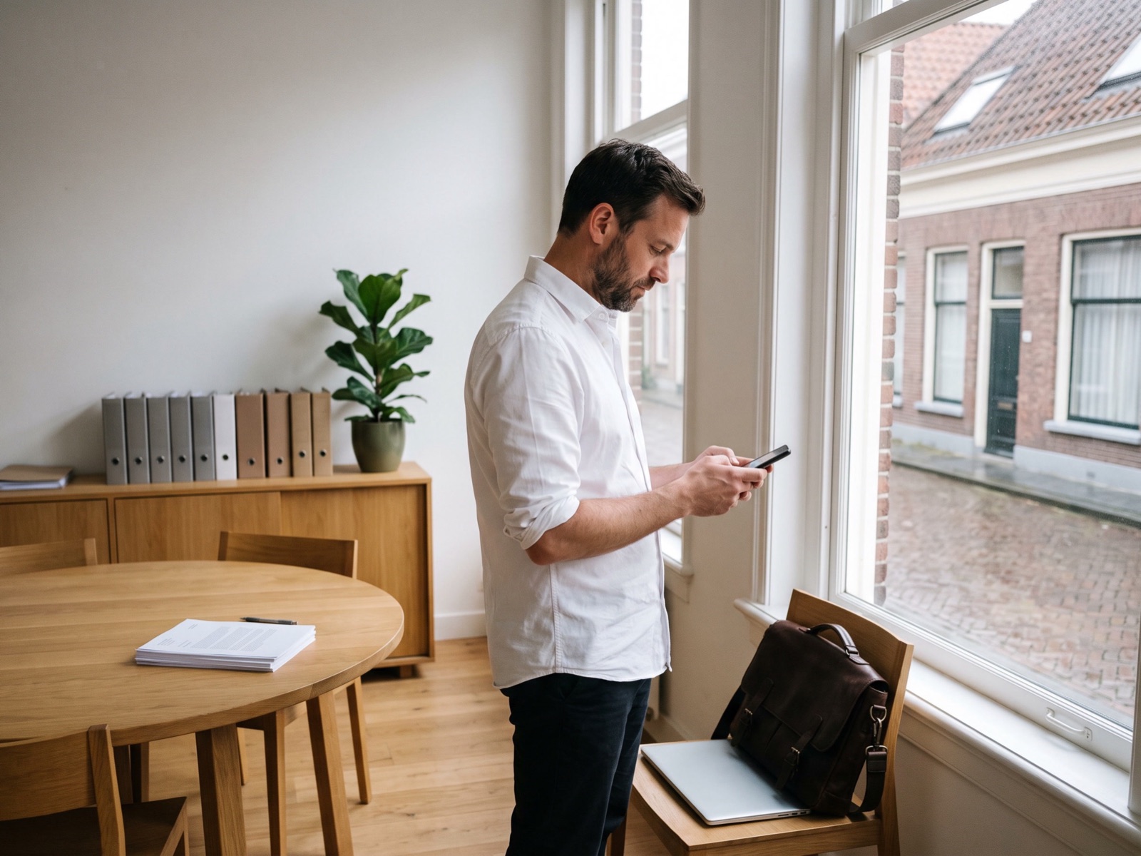 Financieel adviseur typt tussen twee afspraken bij het raam van zijn kantoor een bericht op zijn telefoon