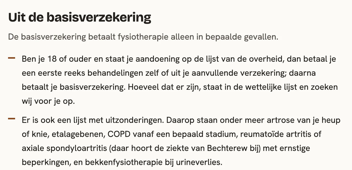 De eerste punten van de uitleg op de voorbeeldsite over wat de basisverzekering bij fysiotherapie betaalt