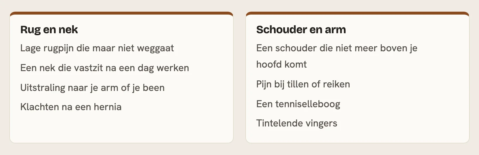Het rek met klachten op de voorbeeldsite, per lichaamsdeel een kaart met de klachten eronder