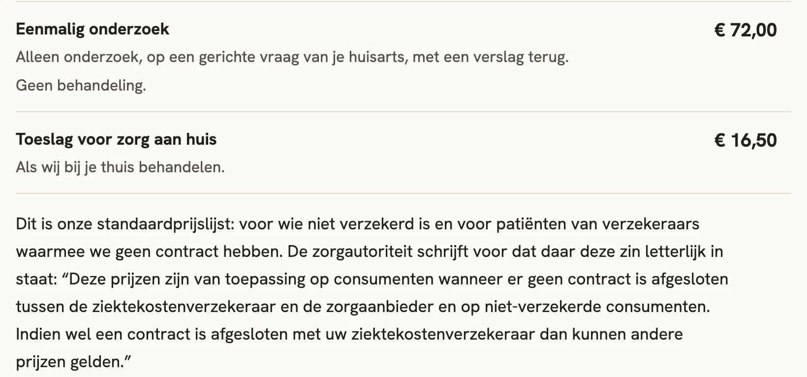Het eind van de prijslijst op de voorbeeldsite, met daaronder de volzin die de zorgautoriteit voorschrijft