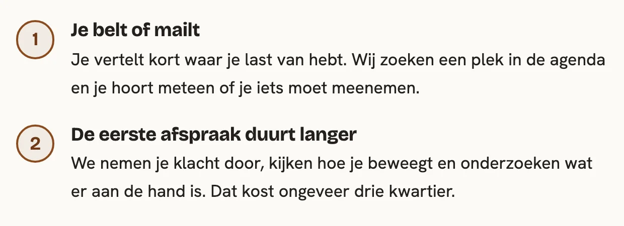 De eerste stappen van een eerste afspraak op de voorbeeldsite, genummerd onder elkaar