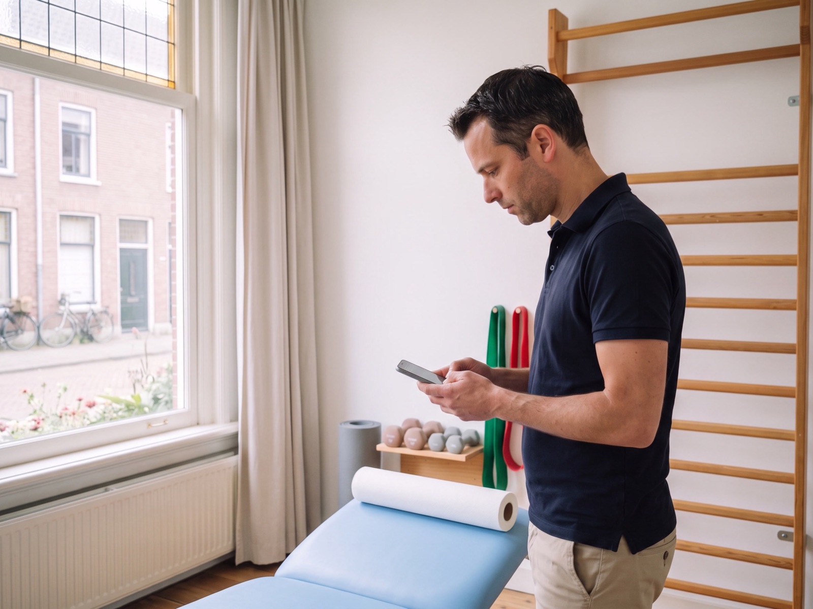 Fysiotherapeut staat naast de behandelbank en typt een bericht op zijn telefoon