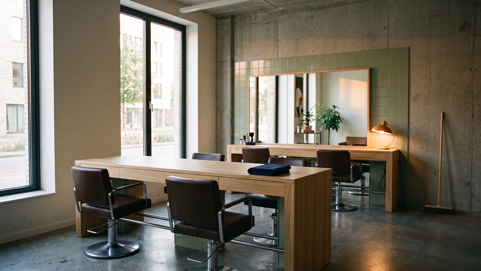 De lege salon aan het eind van de dag, met daglicht op de spiegel en een lamp achterin