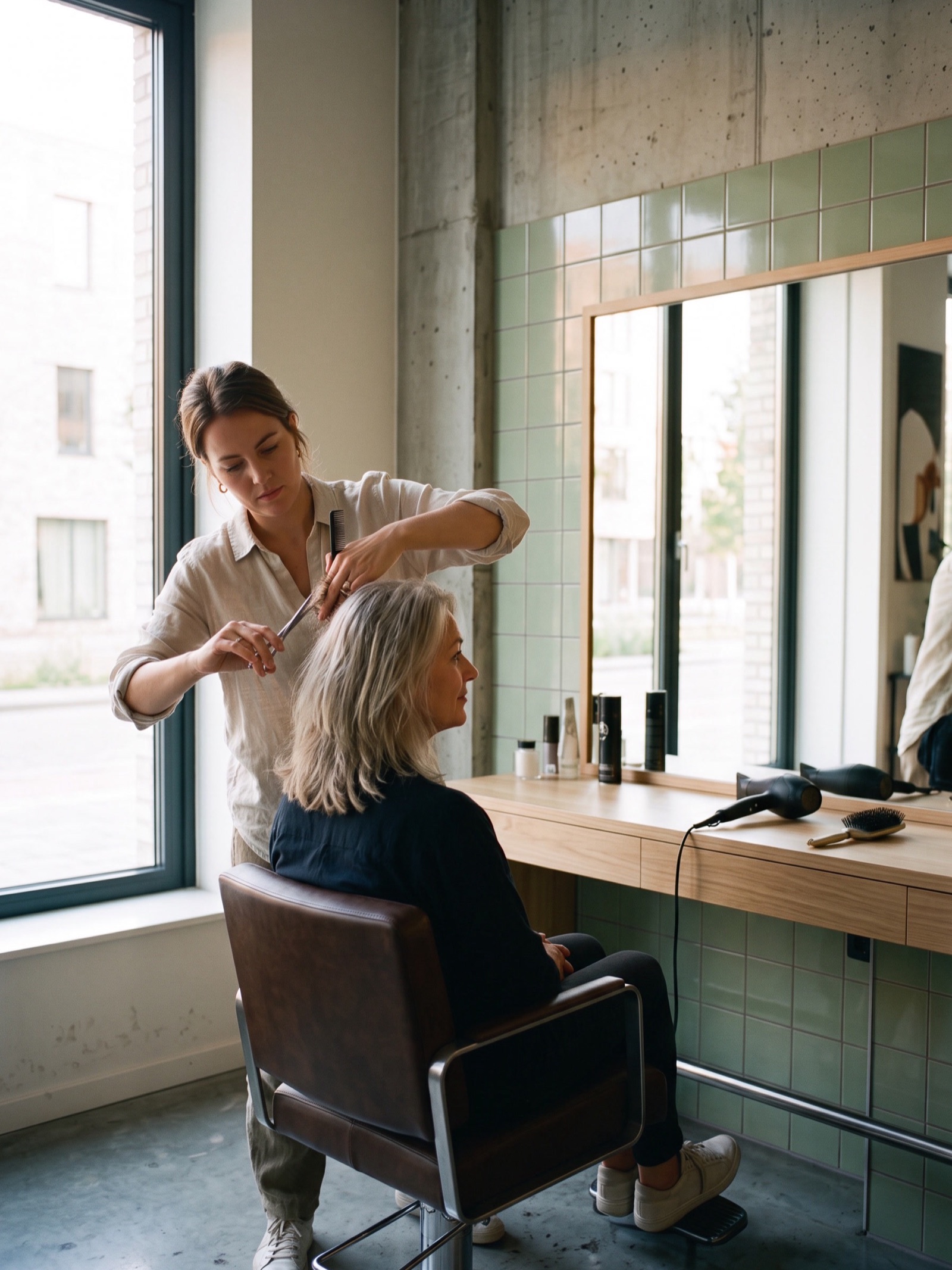 Kapper knipt met schaar en kam het haar van een vrouw die voor de spiegel in de stoel zit