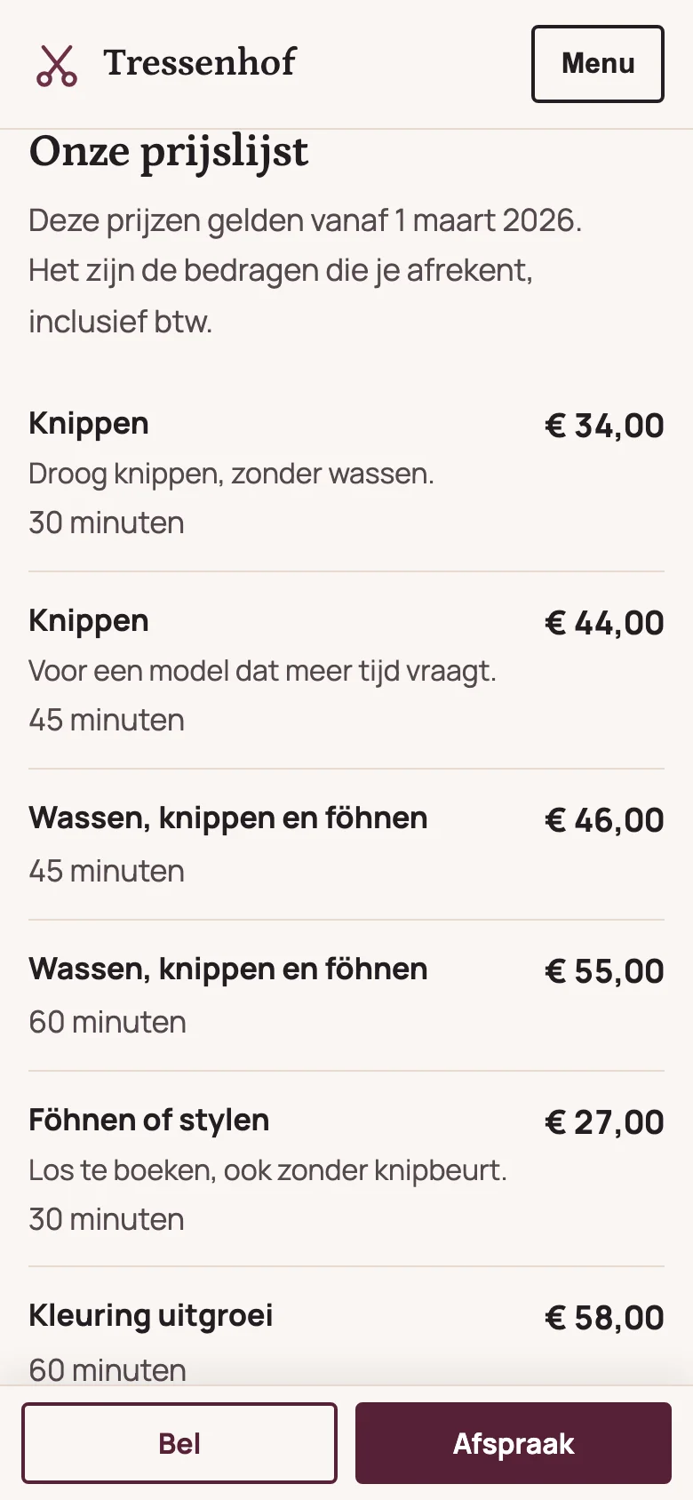 Kapsalon Tressenhof op een telefoon