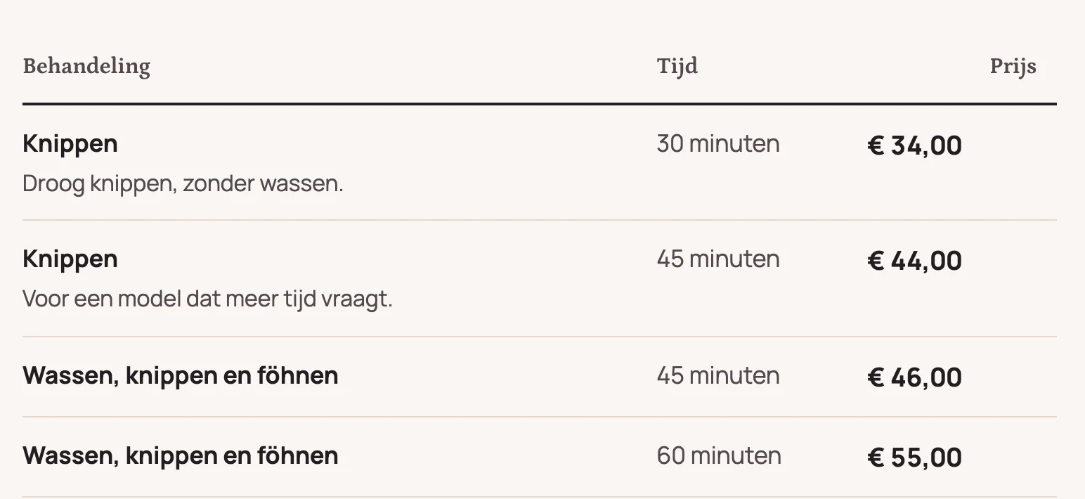 De prijslijst op de voorbeeldsite, met per behandeling de tijd en het bedrag in een tabel