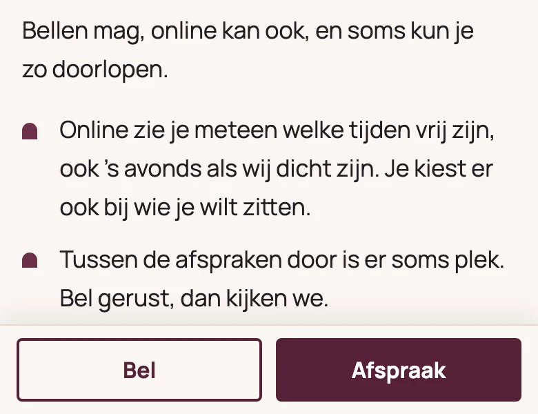 De onderkant van de voorbeeldsite op een telefoon, met een vaste balk met Bel en Afspraak