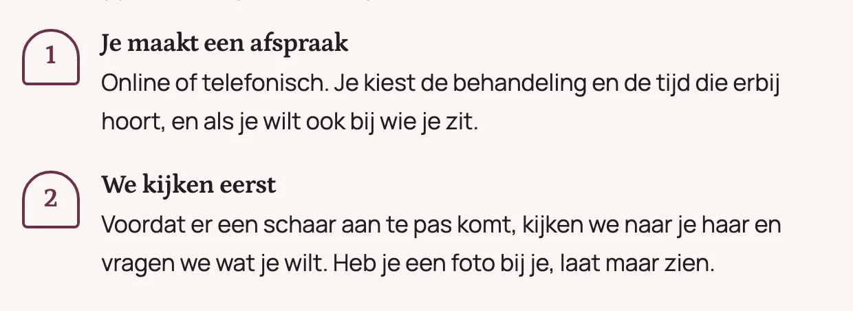 De eerste stappen van een eerste bezoek op de voorbeeldsite, genummerd onder elkaar