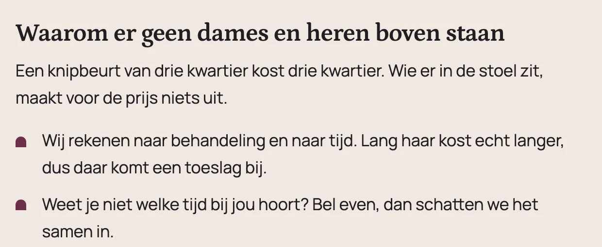 Het blok op de voorbeeldsite dat uitlegt waarom er geen dames en heren boven de prijslijst staan