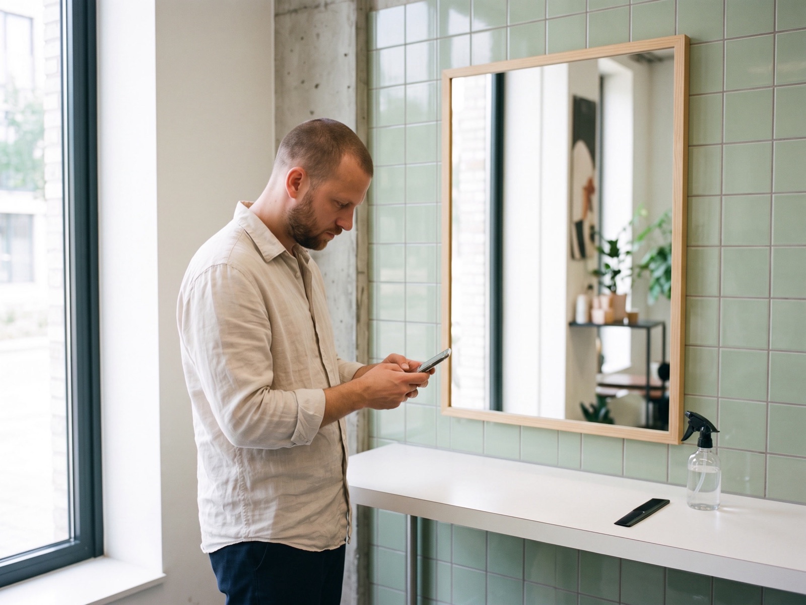 Kapper staat bij de werkbank in de salon en typt een bericht op zijn telefoon