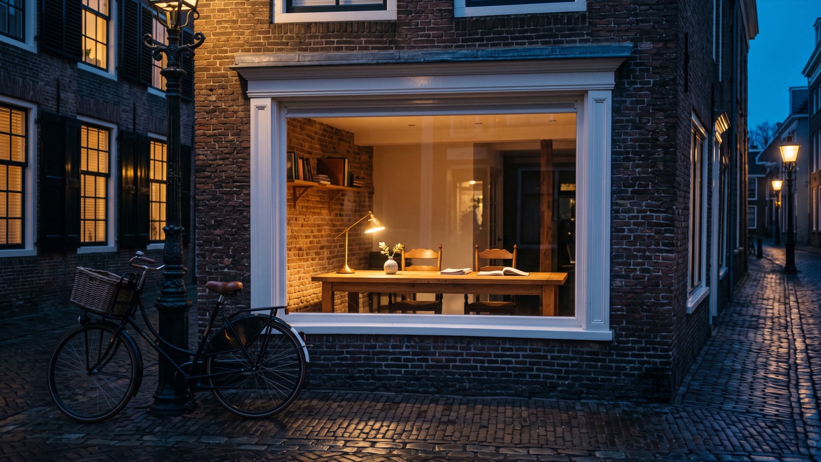 Het verlichte raam van het makelaarskantoor aan het eind van de dag, met de lange tafel en een bureaulamp erachter