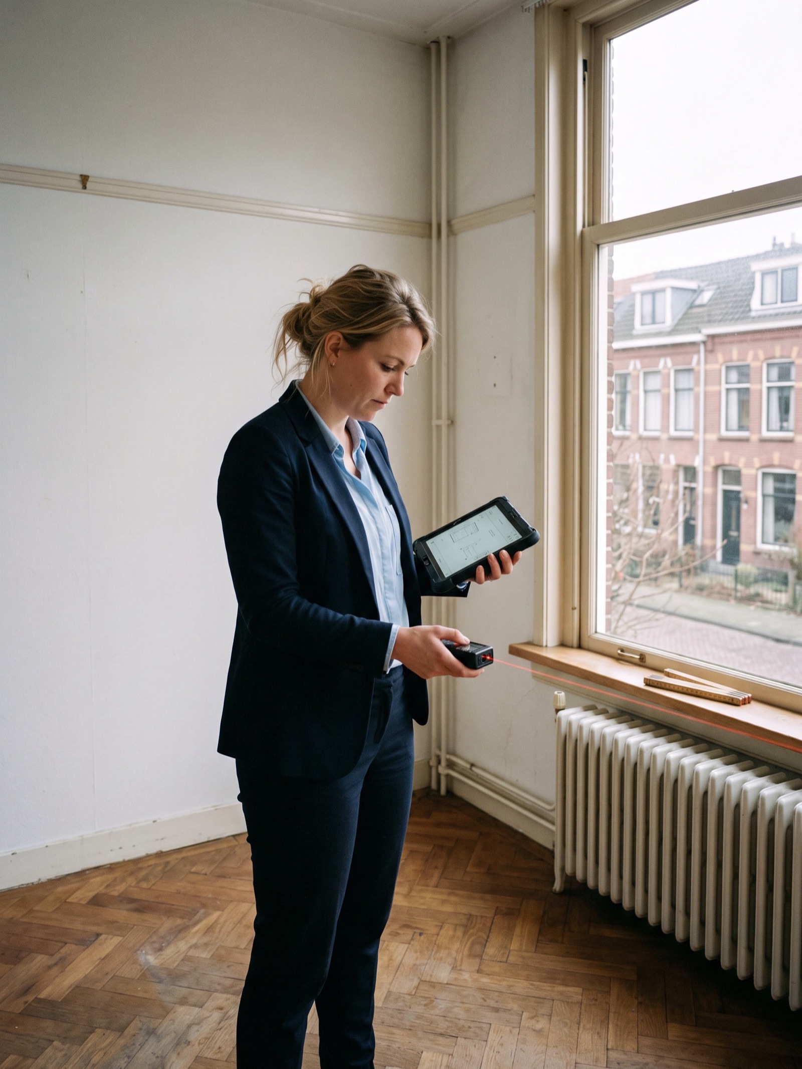 Makelaar meet een lege kamer op met een laserafstandsmeter en houdt een tablet met de plattegrond in haar andere hand
