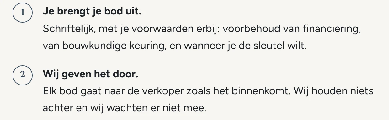 De eerste stappen van het biedproces op de voorbeeldsite, genummerd onder elkaar