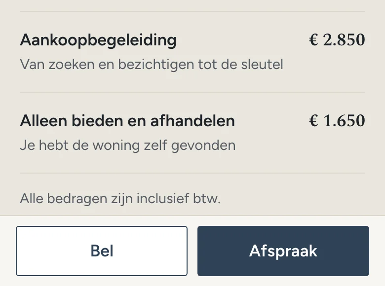 De onderkant van de voorbeeldsite op een telefoon, met een vaste balk met Bel en Afspraak