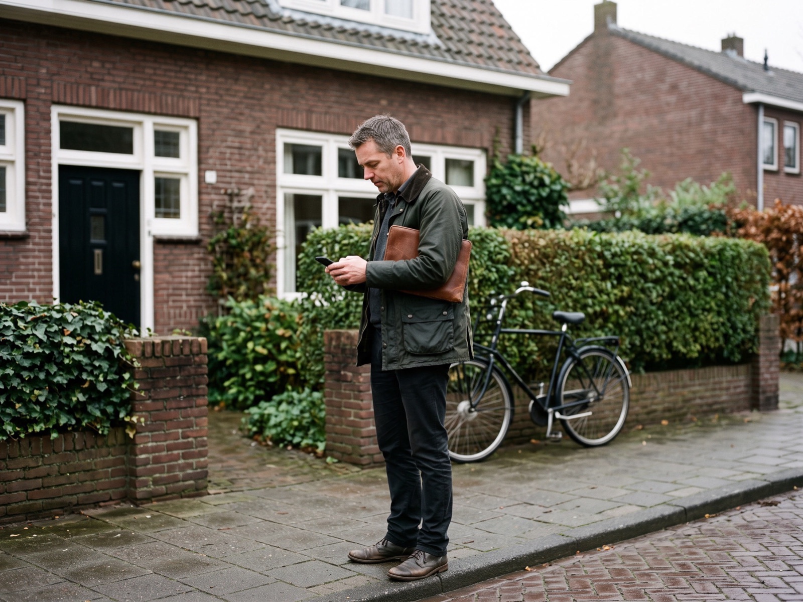 Makelaar staat op de stoep voor een bakstenen woning en typt een bericht op zijn telefoon, met een map onder zijn arm