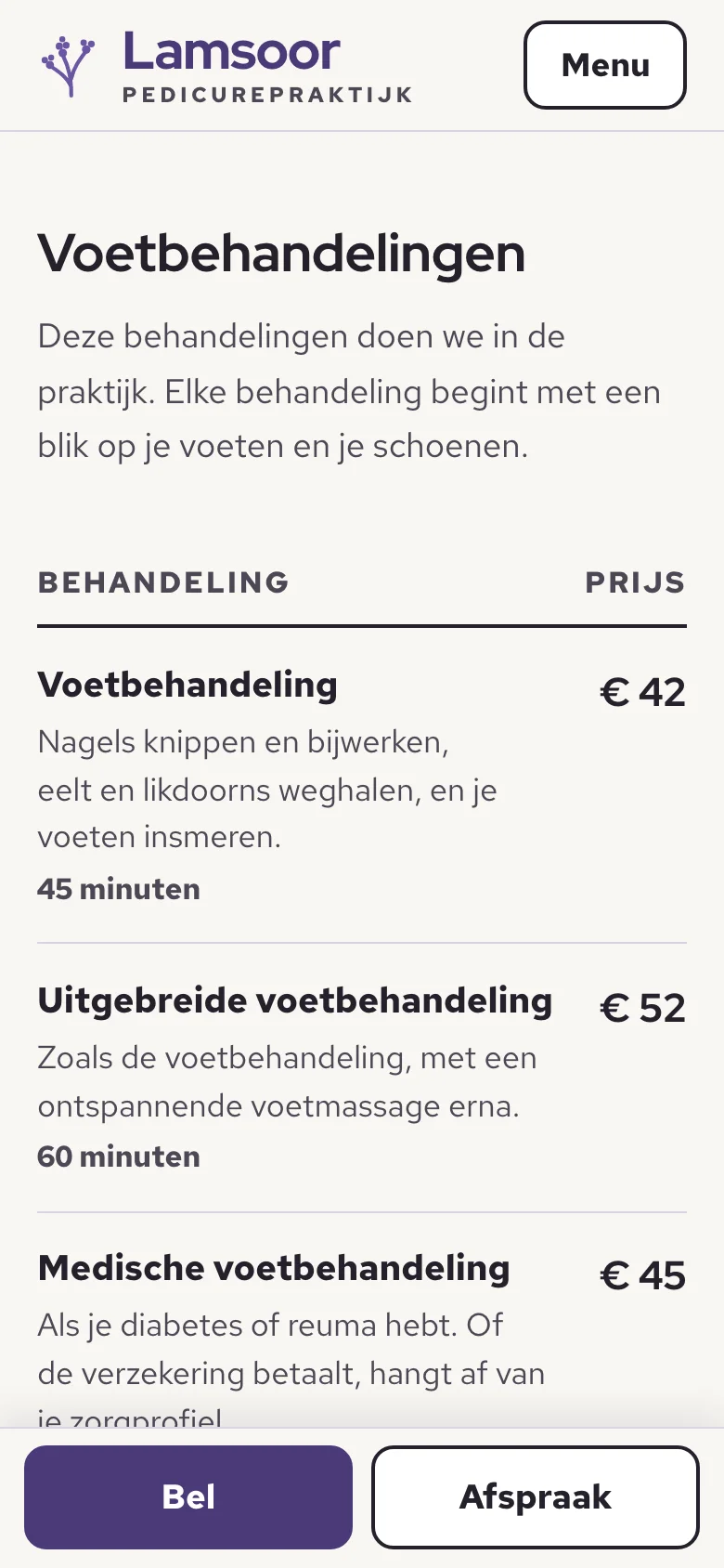 Pedicurepraktijk Lamsoor op een telefoon