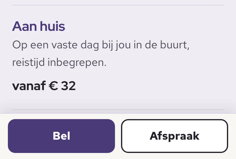 De onderste balk van de voorbeeldsite op een telefoon, met de knoppen Bel en Afspraak