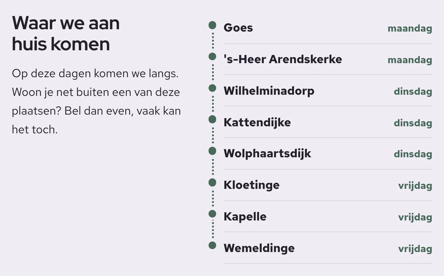 De plaatsen waar de praktijk aan huis komt op de voorbeeldsite, elk met de vaste dag