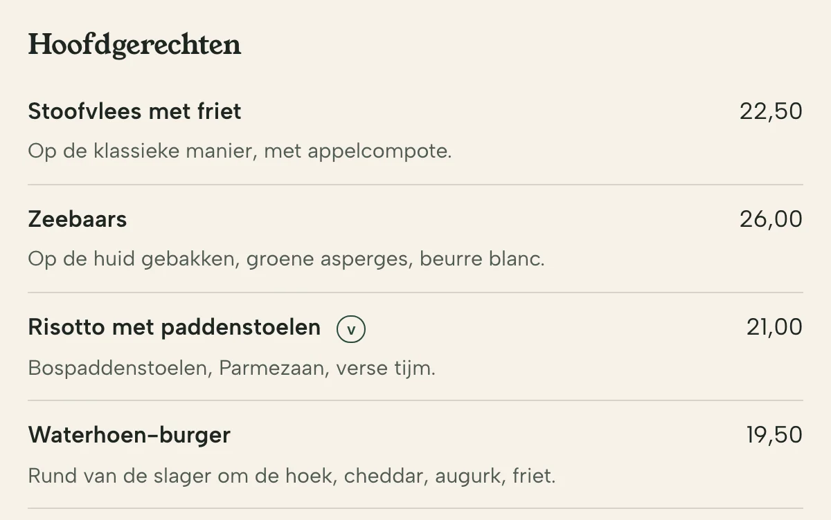De hoofdgerechten van de voorbeeldsite als tekst, met prijzen en een v bij vegetarisch
