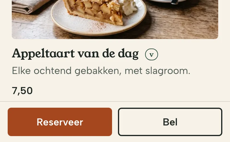 De onderste balk van de voorbeeldsite op een telefoon, met de knoppen Reserveer en Bel
