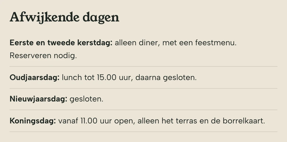 De afwijkende dagen rond de feestdagen op de voorbeeldsite