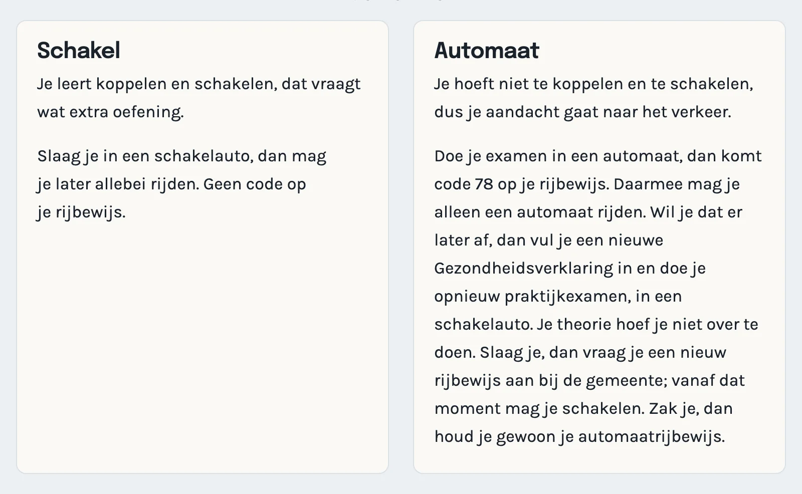 Uitleg op de voorbeeldsite over lesrijden in een automaat of in een schakelauto, met code 78
