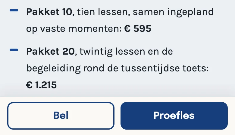 De onderkant van de voorbeeldsite op een telefoon, met een vaste balk met Bel en Proefles