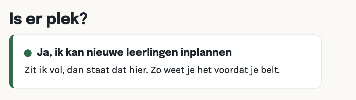 De regel op de voorbeeldsite die zegt dat er plek is voor nieuwe leerlingen