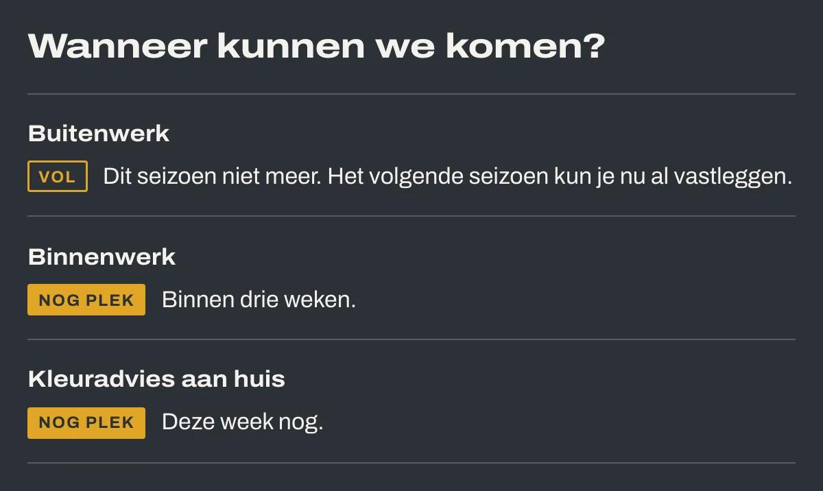 De planning op de voorbeeldsite: wanneer er plek is voor buitenwerk, binnenwerk en kleuradvies