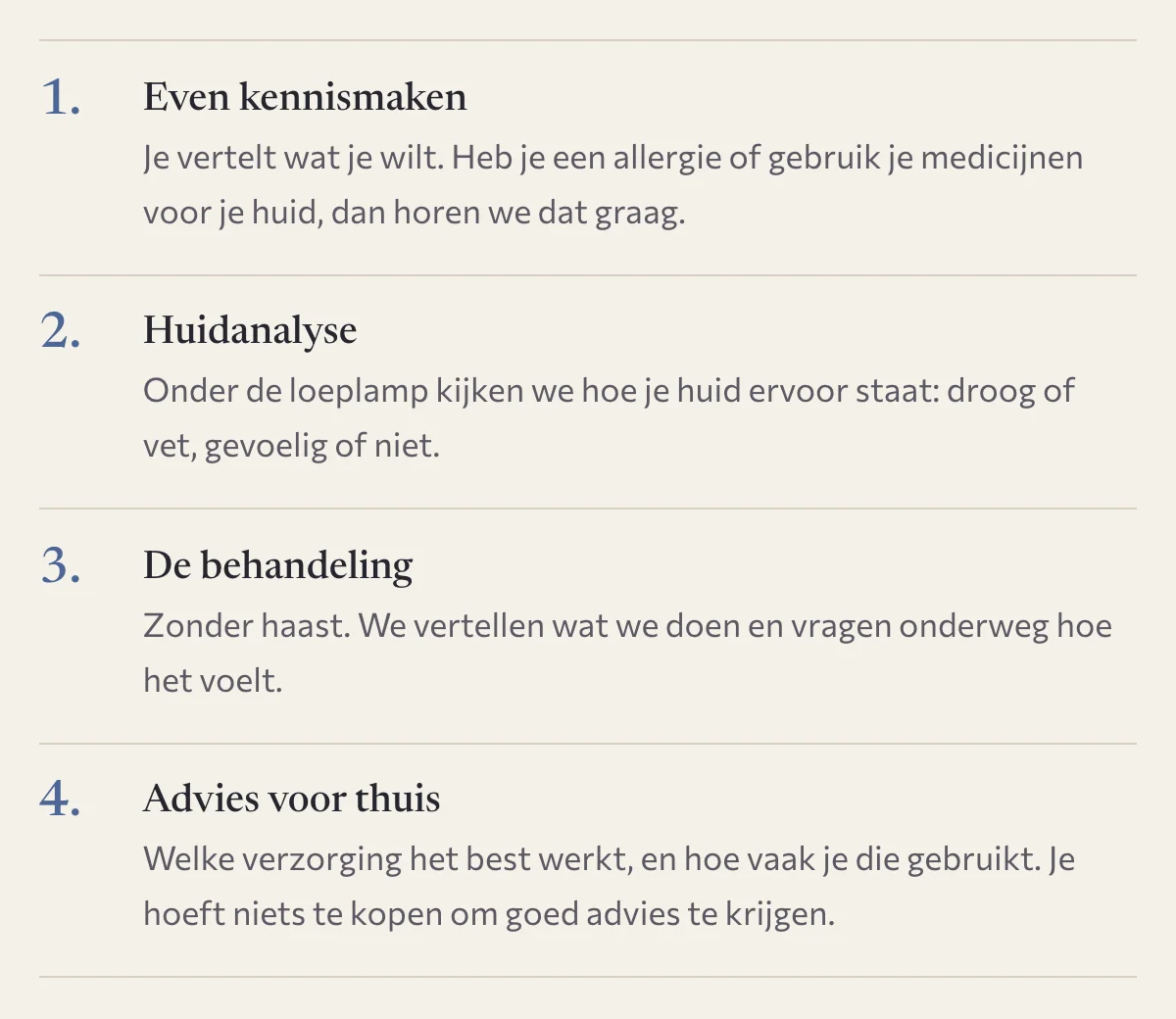 De genummerde stappen van een eerste afspraak op de voorbeeldsite