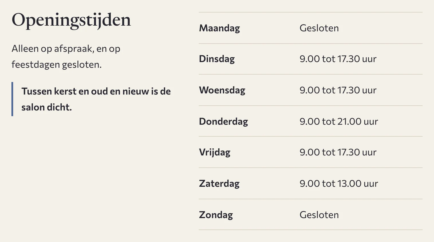 De openingstijden van de salon op de voorbeeldsite, per dag van de week, met een extra sluiting rond kerst