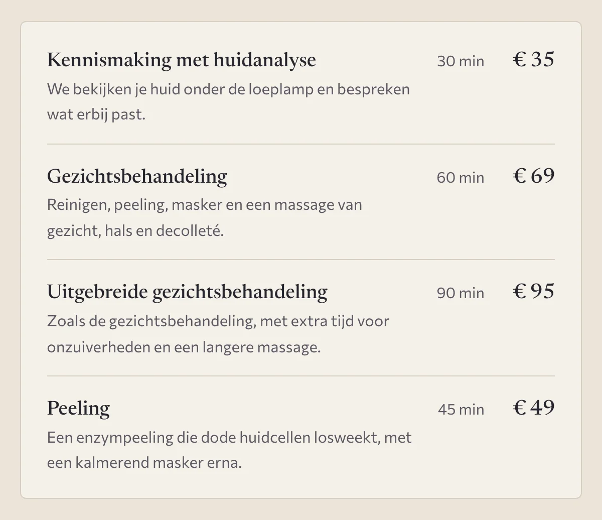 De prijslijst voor gezichtsbehandelingen op de voorbeeldsite, met duur en prijs per behandeling