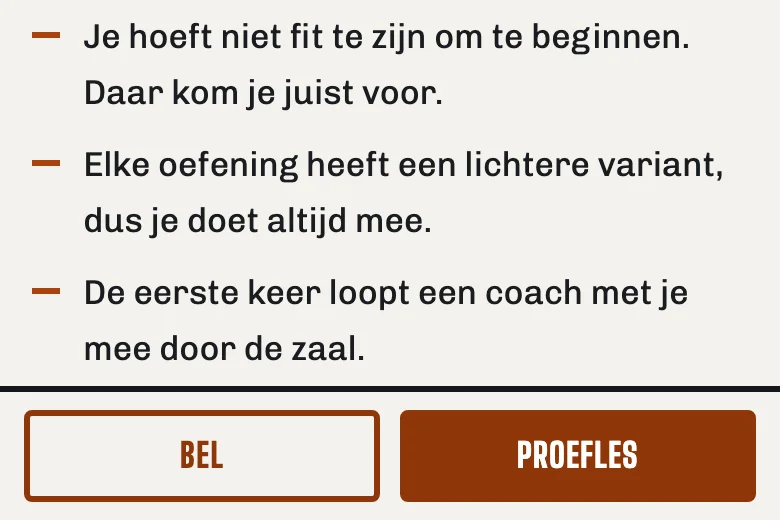 De onderkant van de voorbeeldsite op een telefoon, met een vaste balk met Bel en Proefles
